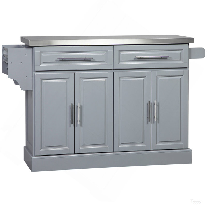Rolling Kitchen Island With Storage, Portable Kitchen Cart With Stainless Steel Top, 2 Drawers, Spice, Knife And Towel Rack And Cabinets, Gray