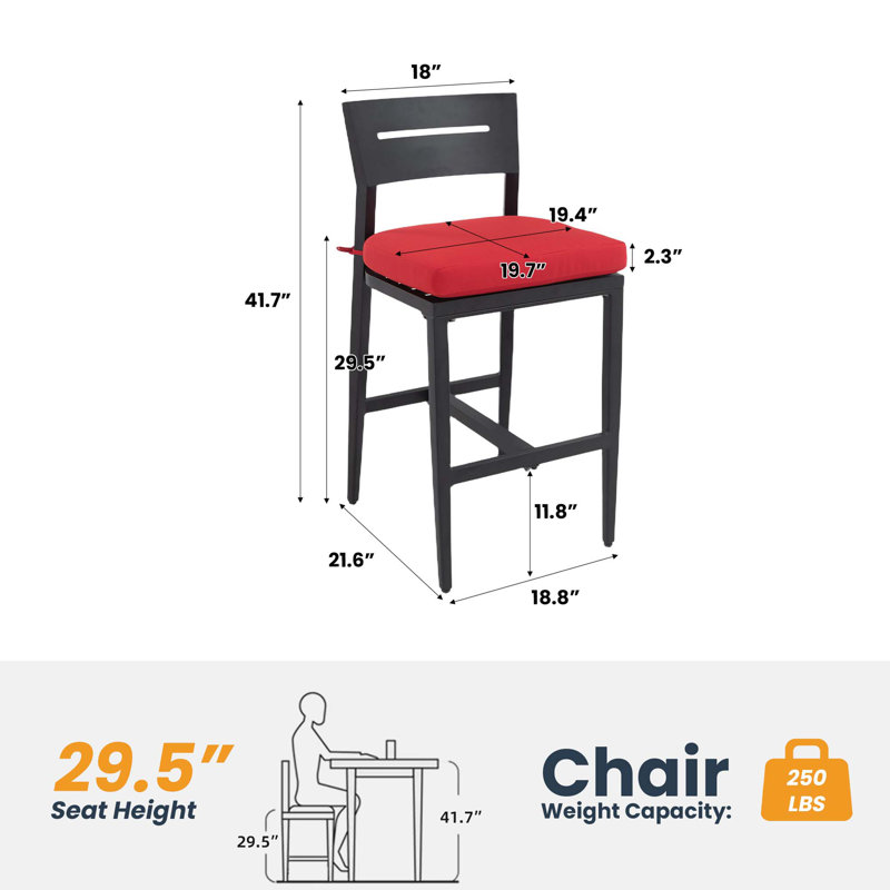 Tabourets de bar d'extérieur modernes en aluminium avec dossier ergonomique et coussin Sunbrella