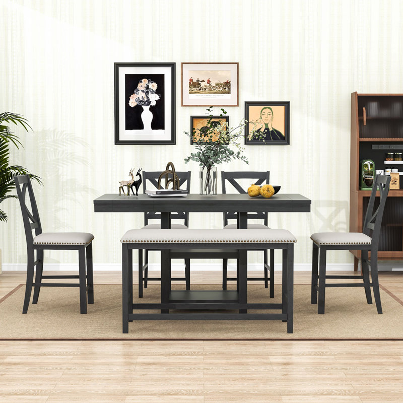 Ensemble de salle à manger 6 pièces, table extensible avec rallonge amovible, tablettes de rangement, chaises rembourrées et banc