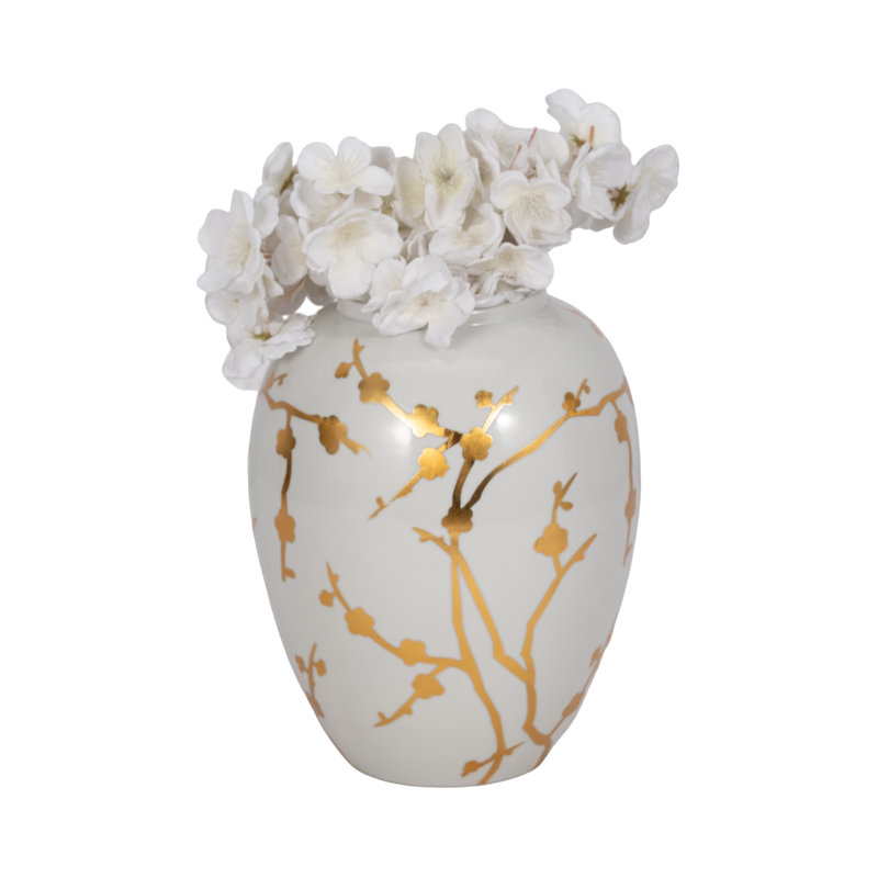 10" Gold Branches Vase, White