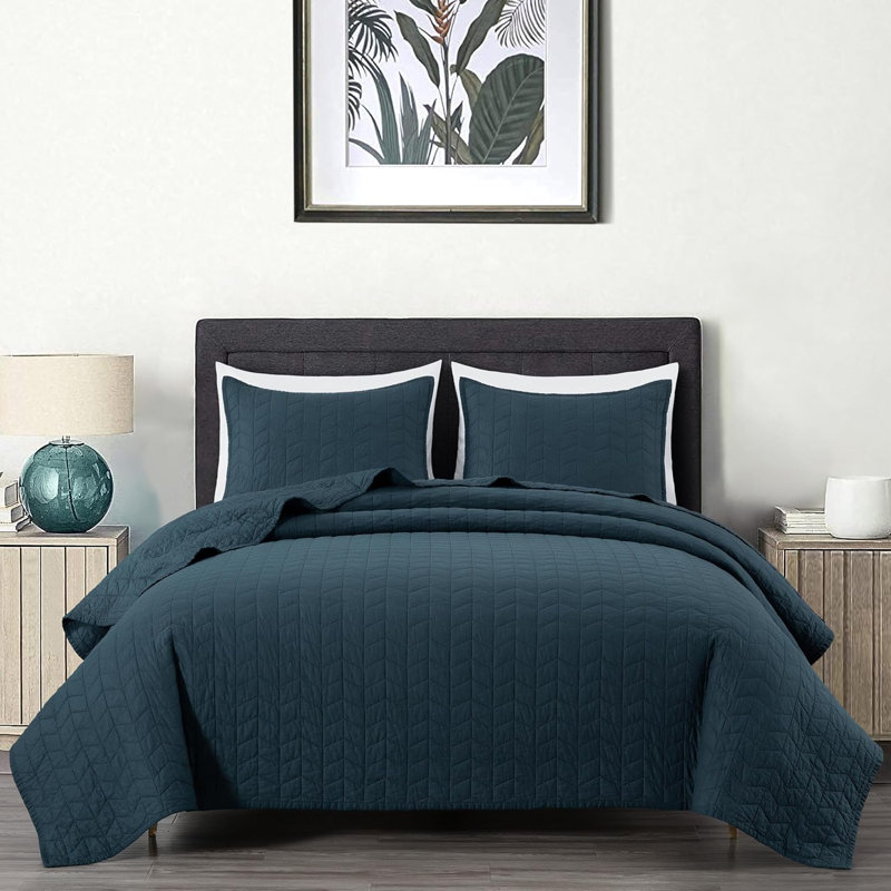 Solid Color Embroidery Stitching Cotton Quilt Sets Cotton Quilt, Queen Quilt + 2 Standard Shams, Blue