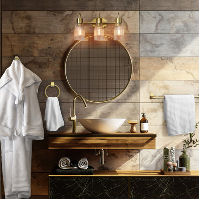 5-Piece All-In-One Matte Brass Bathroom Kit With 19" 3-Light Vanity Light And Ribbed Glass Shades