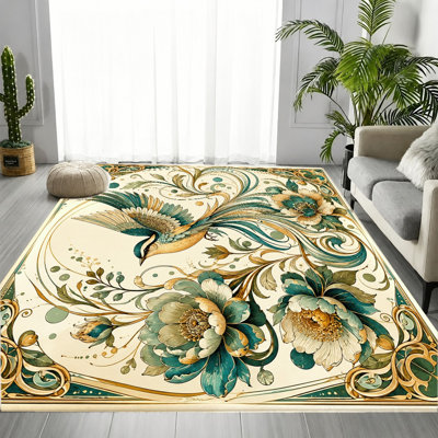 Tapis de style rétro, motif floral et d'oiseaux, tapis antidérapant antitaches, décoration intérieure pour le salon, la chambre à coucher, le vestibule, la porte d'entrée, la cuisine, le balcon, appartement