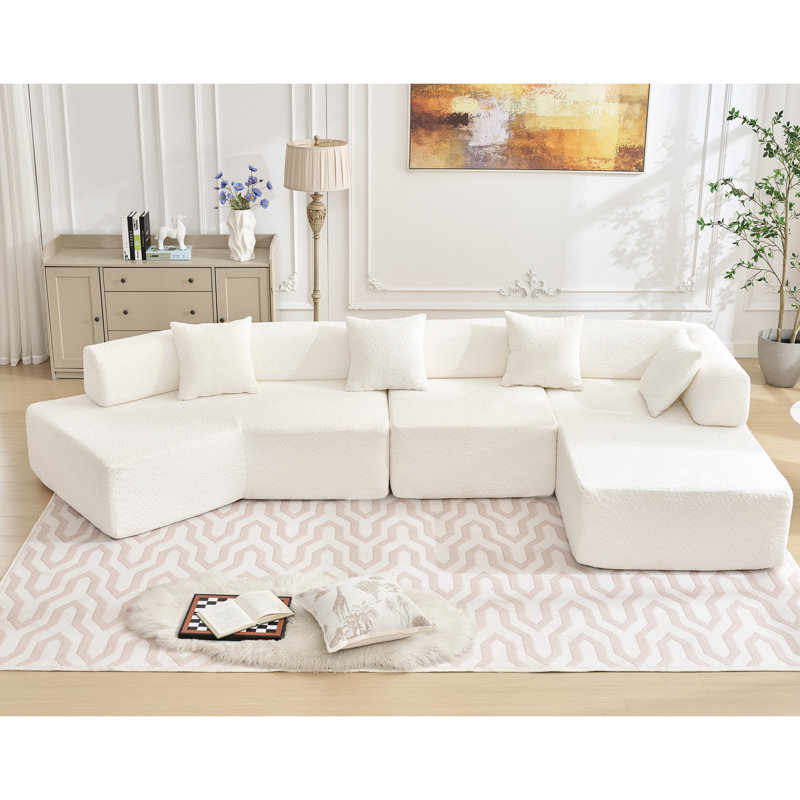 Canapé blanc en forme de L 140 po avec méridienne, 4 sièges - aucun assemblage requis, ameublement moderne, 4 pièces