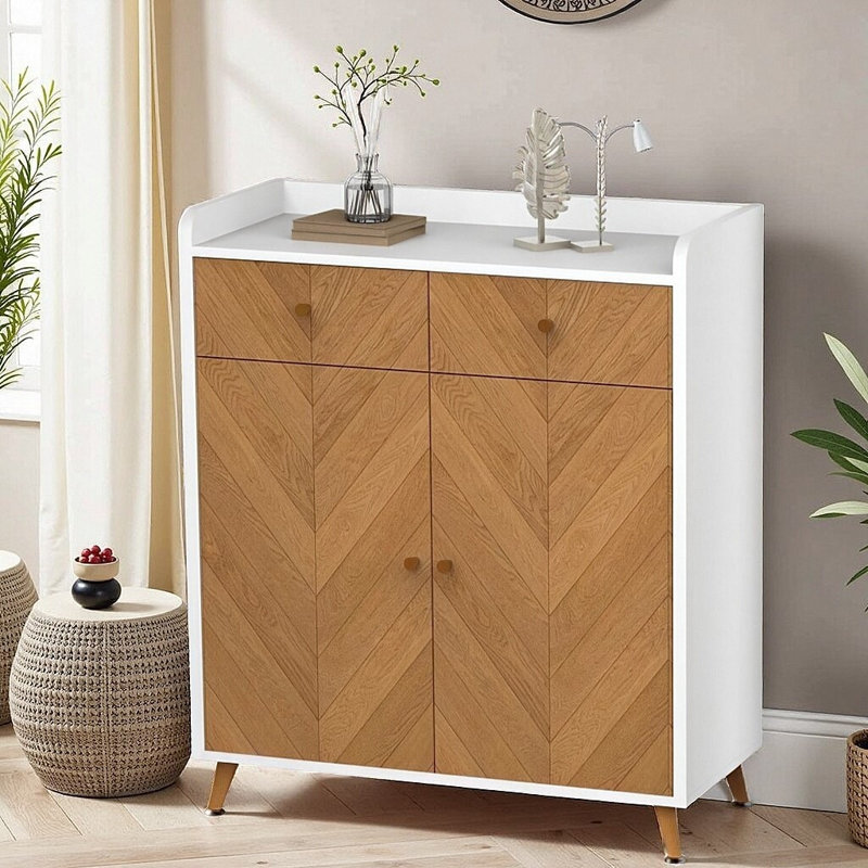 4-tier Shoe Rack Organizer With 2 Doors & 2 Drawers, Herringbone Wooden Freestanding Shoe Cabinet With Adjustable Shelves For Entryway, White And Natural Finish