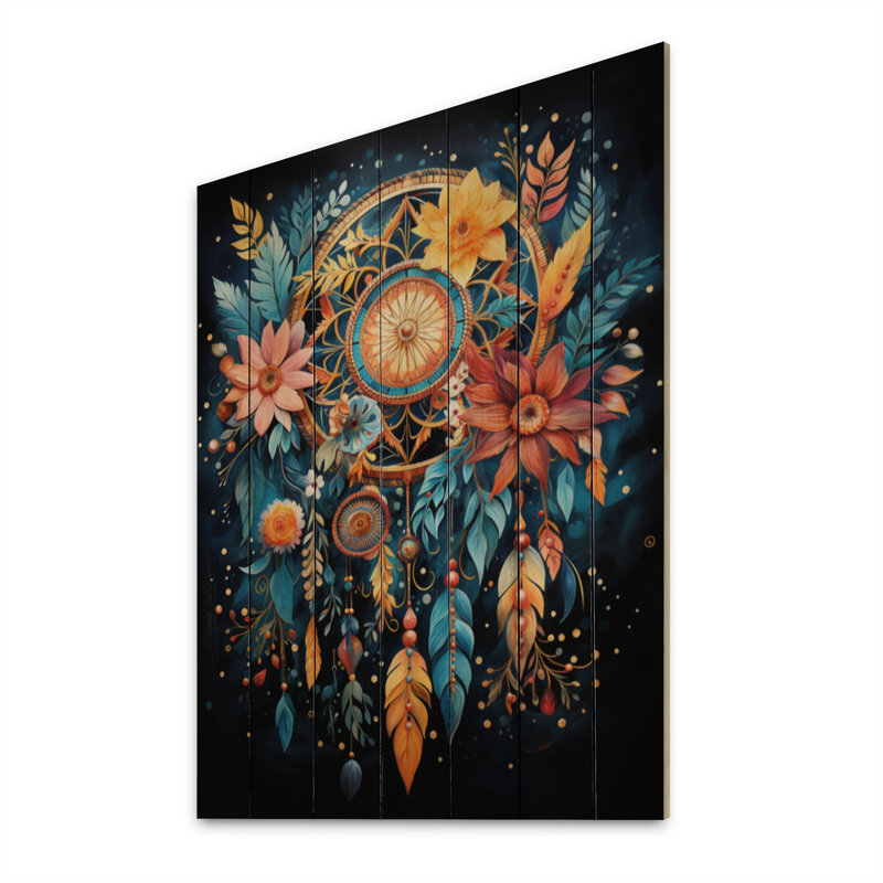 «Gold Dream Catcher Folklore Whispers I», impression de capteur de rêves sur bois de pin naturel