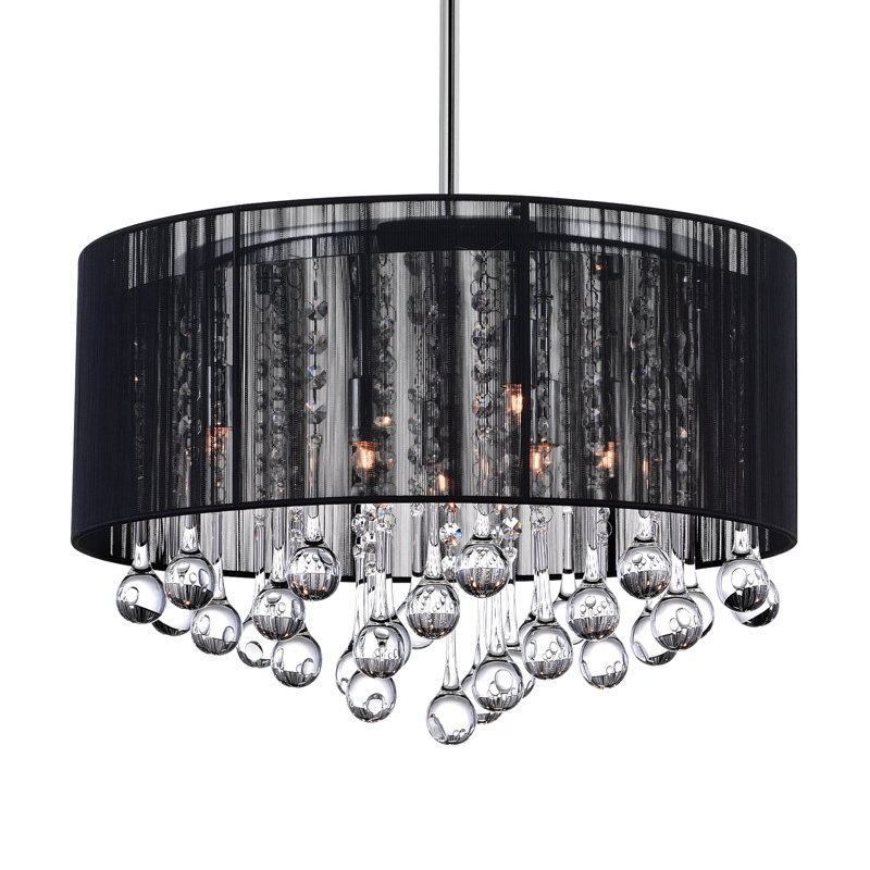 Lustre 6 lumières avec abat-jour tambour avec finition chromée, Noir