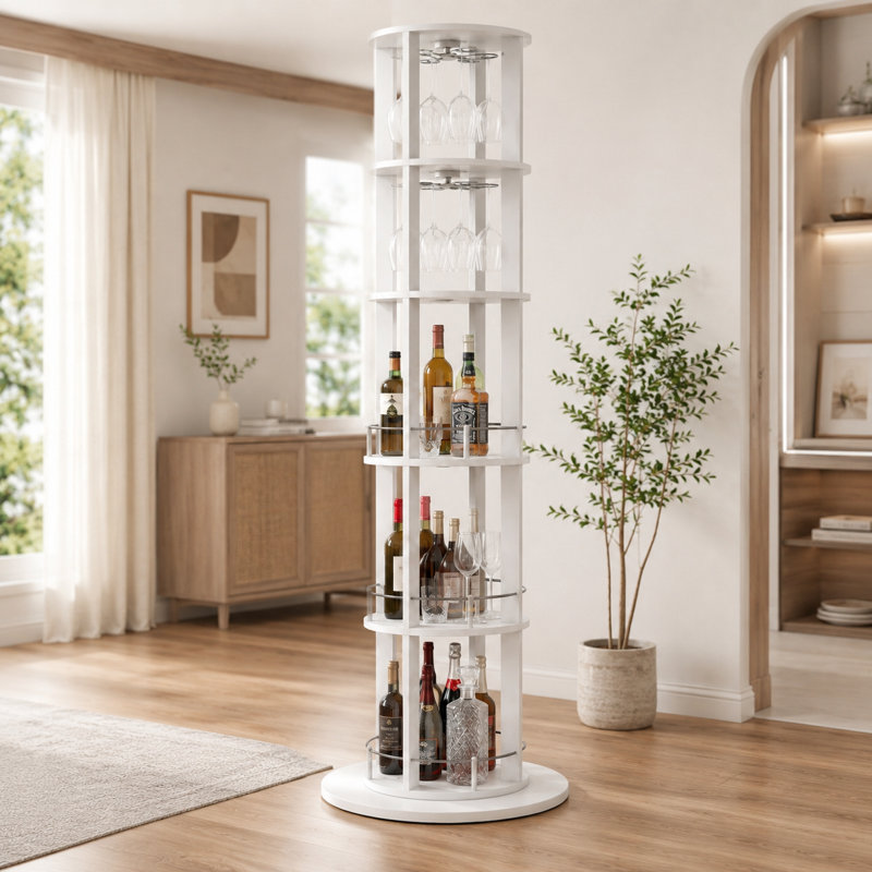 Casier à vin rond Staley de 185 cm de hauteur avec porte-verres rotatif à 360°, Blanc