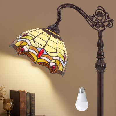 64" Adjustable Modern Classic Arc Floor Lamp with Stained Glass Shade, Foot Switch and E26 Sockets, Vintage Tall Lighting for Living Room, Bedroom, Office, Study