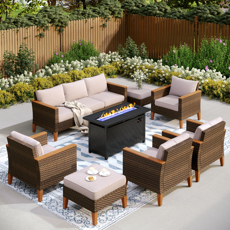 Ensemble de conversation modulaire en osier pour l'extérieur 9 personnes avec table de foyer Phenice, Beige