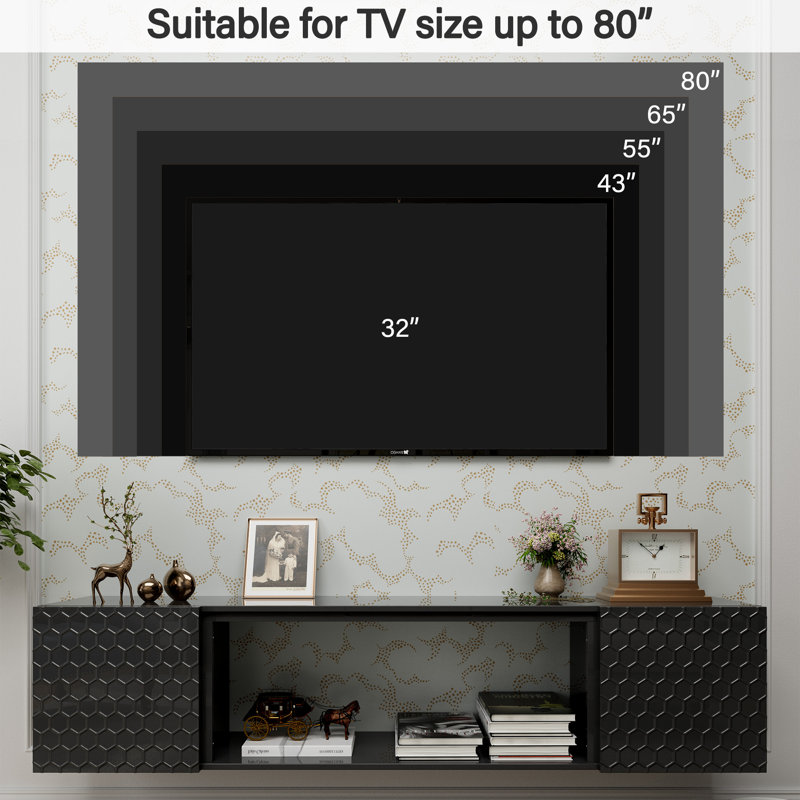 Support mural flottant pour téléviseur de 80 po - Console en bois robuste, capacité de poids élevée et gestion des câbles cachés, style contemporain (noir)
