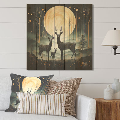 Wondering Night Deer Family Elegance - Deer Animal On Wood Print