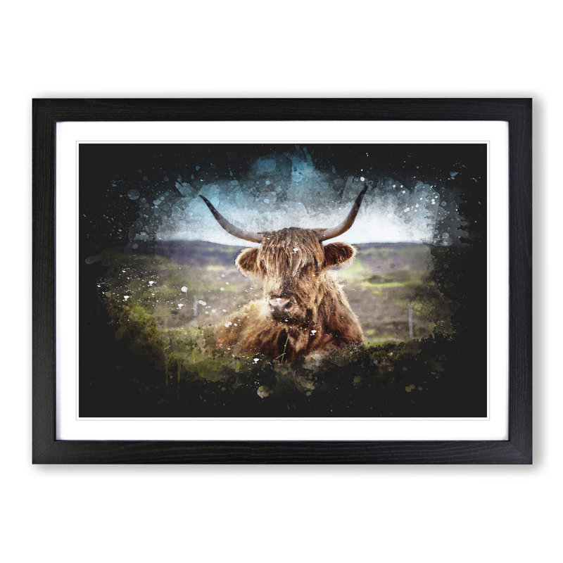 A Resting Highland Cow - Picture Frame Graphic Art Print, Black Framed, 24cm H x 33cm W x 2cm D