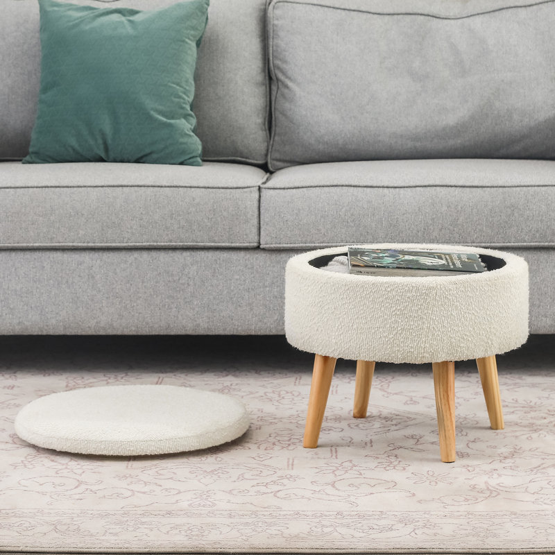 Round Tray Storage Ottoman, White