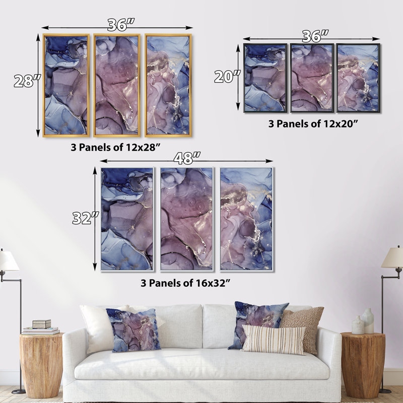 Gris et mauve, marbre, encre, nuages - ensemble d'art moderne sur toile encadrée moderne de 3