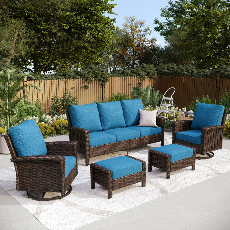 Nadilee Premium All-Weather Wicker 5 - Person Patio Conversation Set with Cushions, Blue