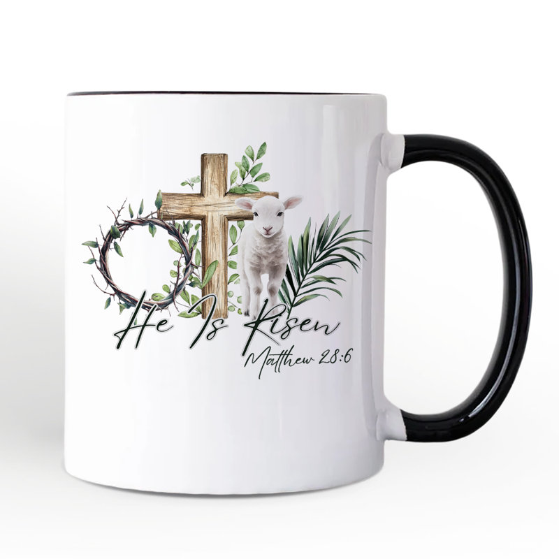 Il est ressuscité, agneau croisé, tasse de Pâques chrétienne, verset de la Bible, Matthew 28: 6, cadeau avec nom personnalisé