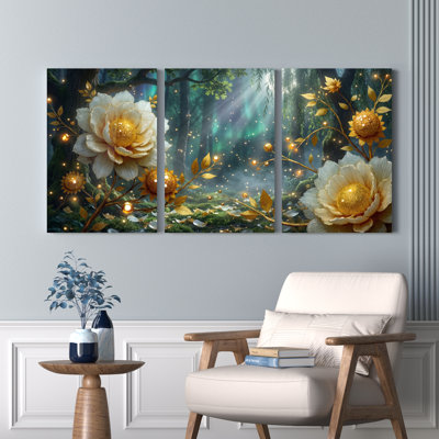 Ensemble de 3 tableaux sur toile tendue représentant des fleurs de la forêt enchantée avec des fleurs dorées et des guirlandes lumineuses.