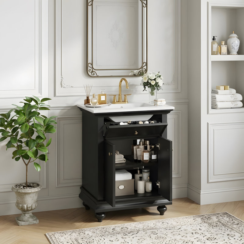 Meuble-lavabo autoportant 24 po avec lavabo et rangement polyvalent, Black