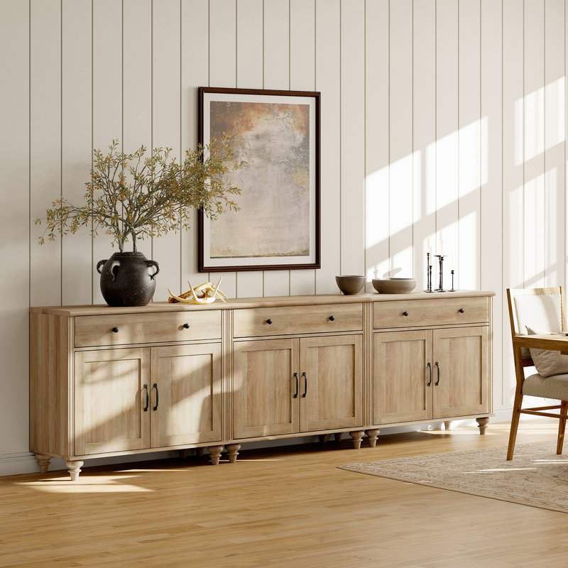 Sideboard Buffet Cabinets With 6 Doors And 3 Drawers, Farmhouse Sideboard Credenza For Dining Room, Modern Large Storage Cabinet For Living Room, Oak, 102 Inch