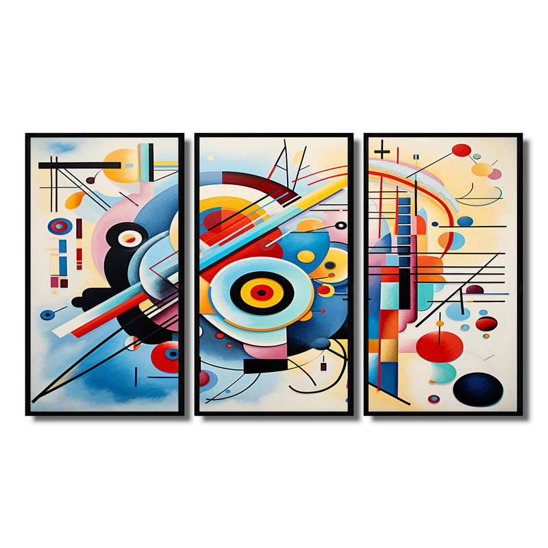 Ensemble de salon Mid-Century Symphony Blue Jazz II - art géométrique mural, Cadre flottant noir, H 28 po x l 36 po x P 1 po
