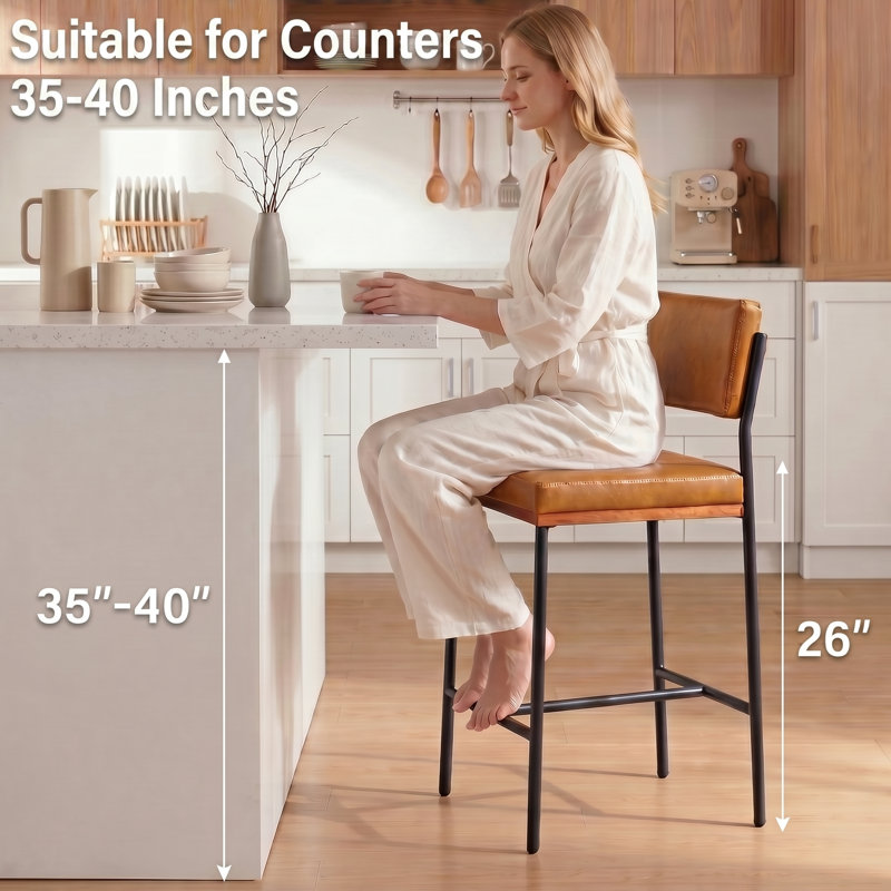 Faux Leather Bar Stools Set of 3,26 Inch Modern Counter Height Bar Stools for Kitchen Island,Counter Stools with Wide Back Sturdy Metal Legs,Brown