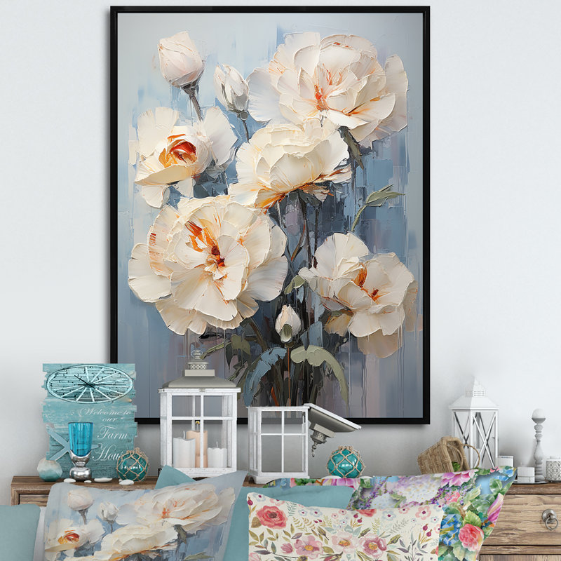 Œillets beiges sur fond bleu II sur toile, Cadre flottant noir, H 20 po x l 12 po x P 1 po