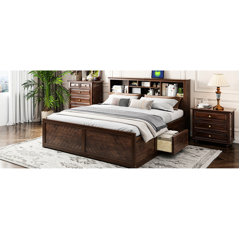 Lit plateforme très grand avec tête de lit multiple, abris, tiroirs en bois, finition antique, sommier sans sommier, espace de rangement généreux