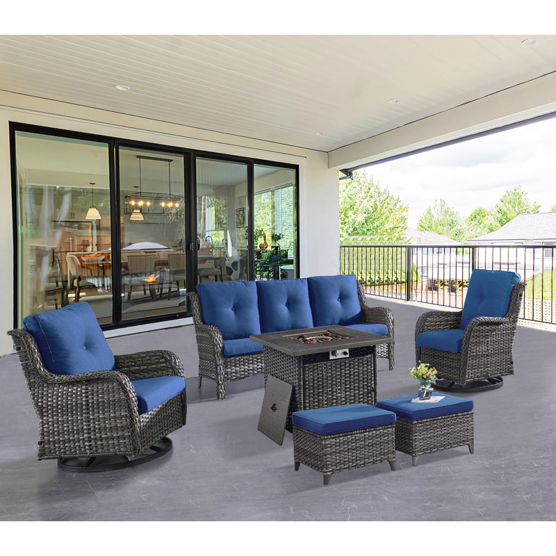 Schutt Wicker Rattan 5 Person Outdoor Seating Group with Fire Pit, Rocking Swivel Chairs, Sofa and Ottomans, Gray, Blue