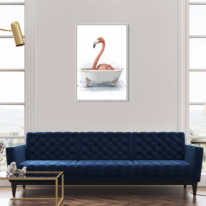 " Bathtub Flamingo ", 24" H x 16" W, Framed Print, White