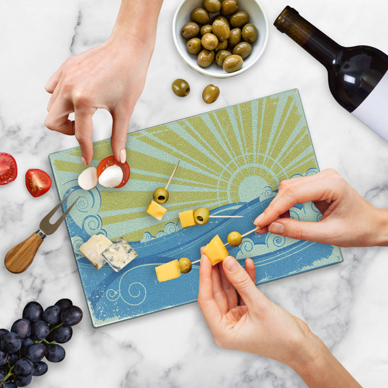 Ambesonne Retro Tempered Glass Cutting Board Vintage Waves with Sun Pale Yellow White