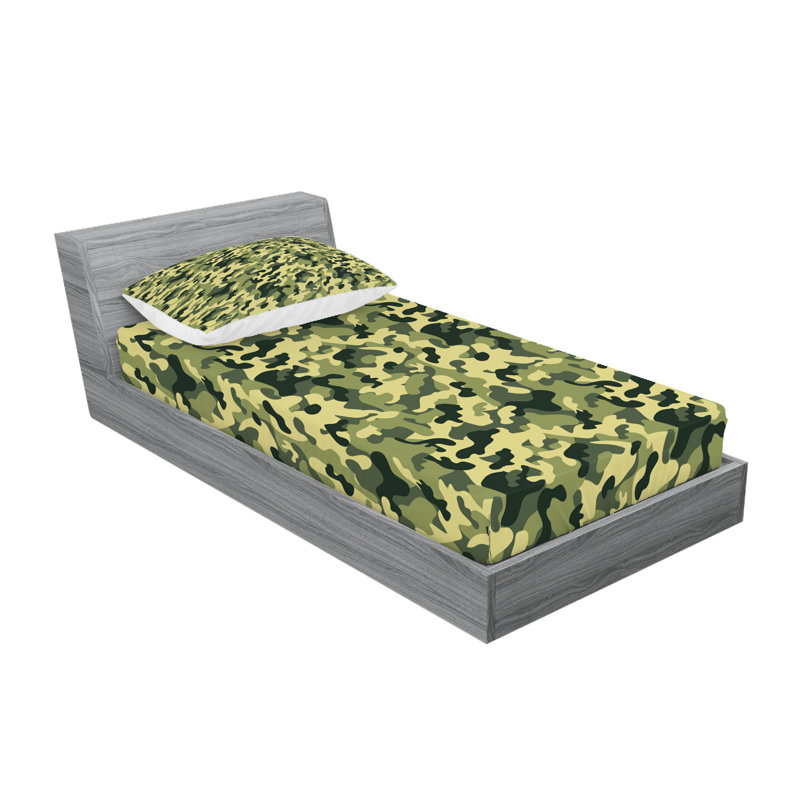 Drap-housse et coussin décoratif camouflage Ambesonne - vert / jaune, Ensemble de draps pour lit simple très long + 3 p