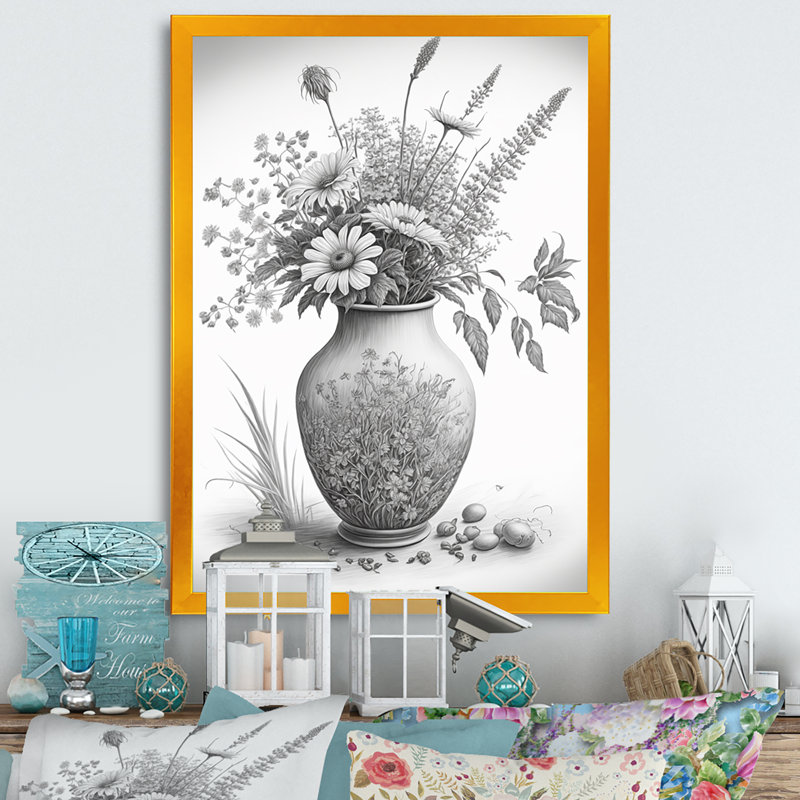 Nature morte au crayon monochrome noir et blanc III - reproduction sur toile, H 32 po x l 24 po x P 1 po, Encadrement doré