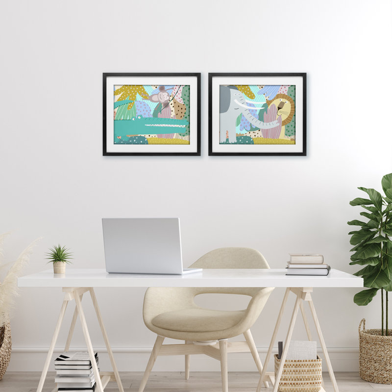 «Whimsical Wild Jungle Animals», ensemble de 2 reproductions encadrées sous verre, par Carla Daly, H 13 po x l 16 po