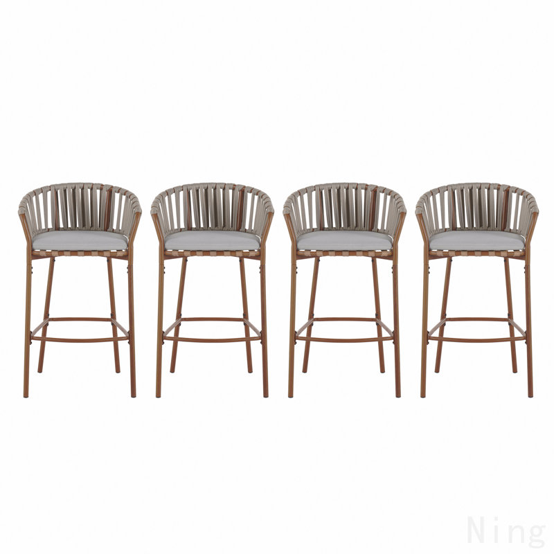 Tabouret de bar d'extérieur en corde de métal, structure au fini teck et coussin beige, ensemble de 4