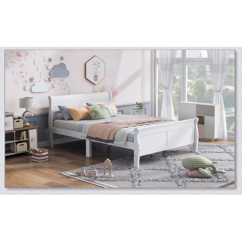 Lit plateforme en bois avec tête de lit et lattes en bois, Blanc, Grand