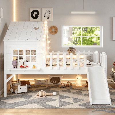 Lit mezzanine House, lit mezzanine en bois avec glissade, lumières DEL et fenêtre, lit maisonnette, lit d'enfant Playhouse, aucun sommier nécessaire, cadre de lit mezzanine Playhouse pour petite chambre d'enfant