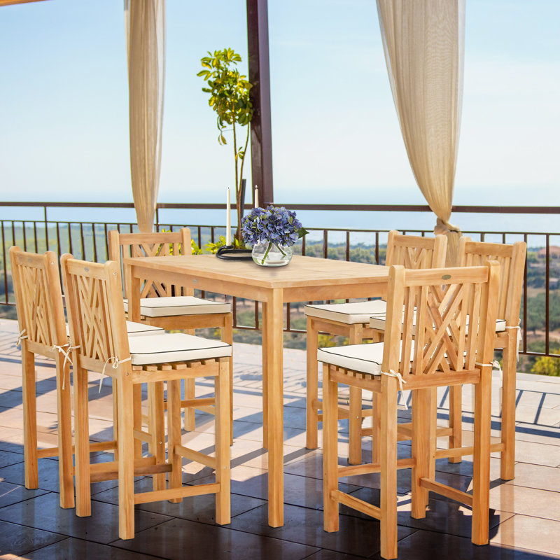 Outdoor 7 - Piece Teak Bar Height Dining Set with Cushions, 55" L x 35.5" W x 43" H