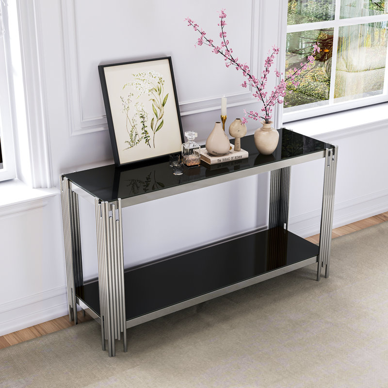 Clodoveo 47.24'' Glass Top Console Table, Black, Silver