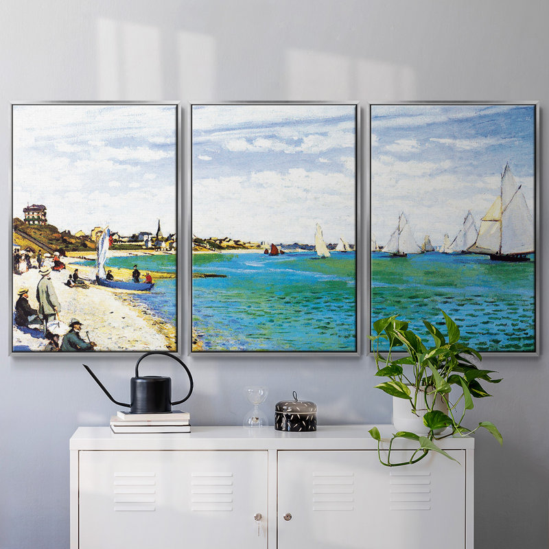 «Regatta At Saint Adresse» par Monet, reproduction sur toile 3 pièces, Argent, H 40 po x l 78 po x P 2 po