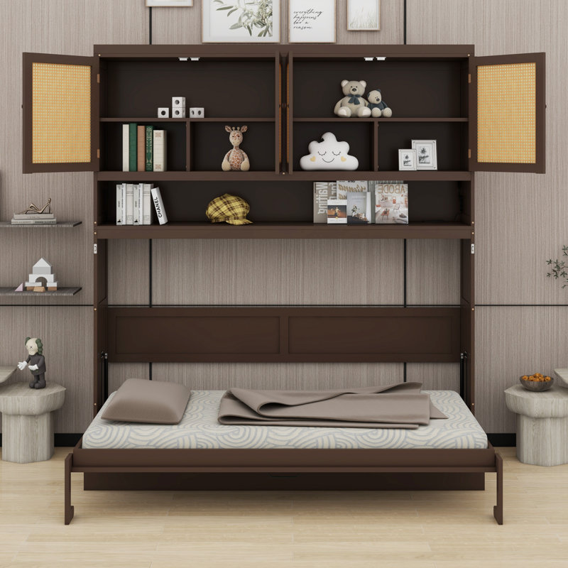Lit escamotable avec dessus d'armoire de rangement, lumière intégrée et chargeur USB, Espresso