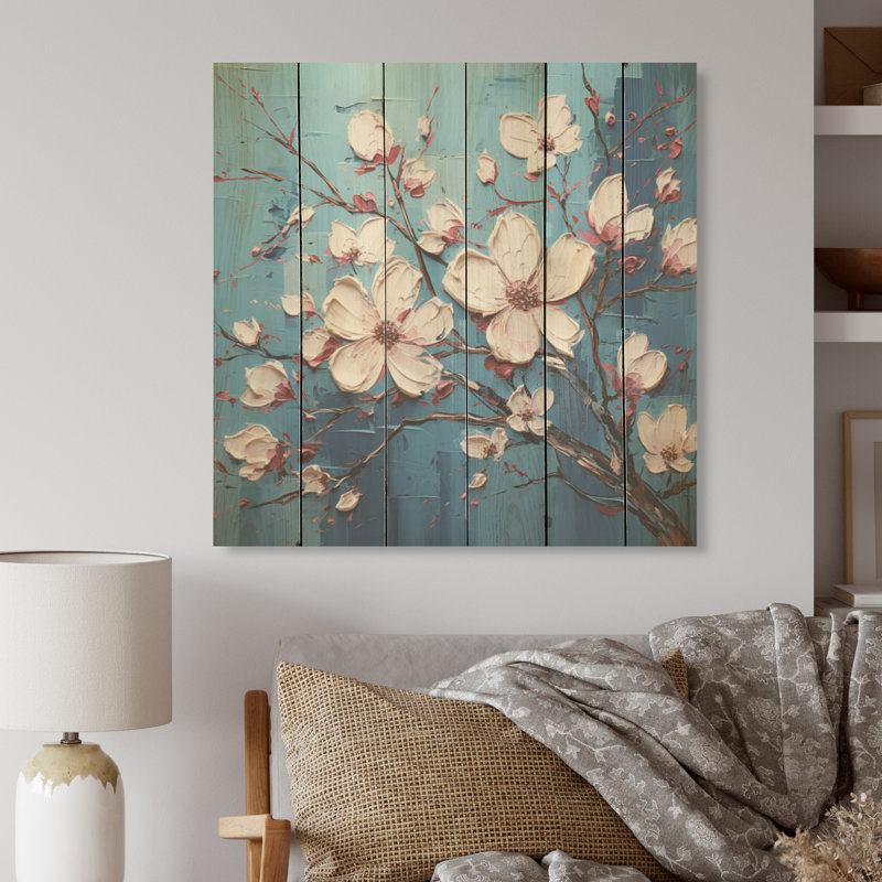 «Blooms Expressionist Vitality», art mural en bois de cornouiller sur bois de pin naturel, H 15 po x l 15 po