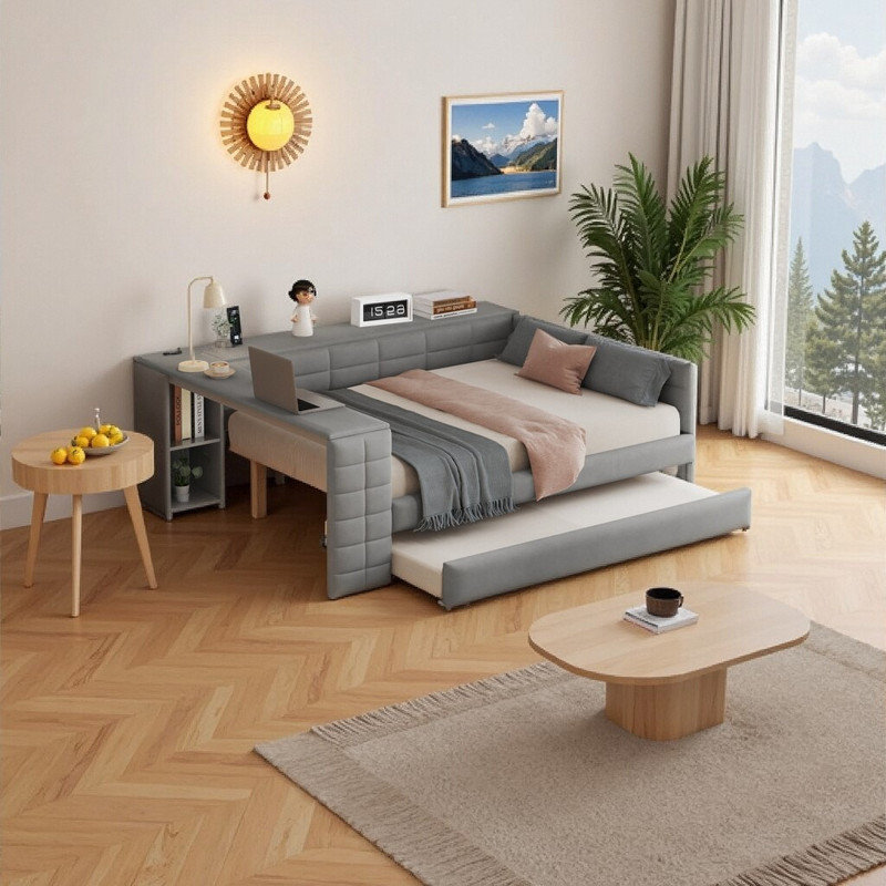 Lit de jour 88,5 po avec lit gigogne avec rangement et gigogne 88,5 po, Gris