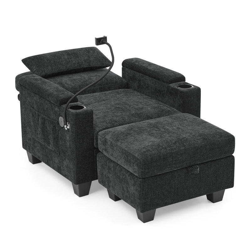 Multifunctional Black Recliner With Adjustable Backrest And Storage