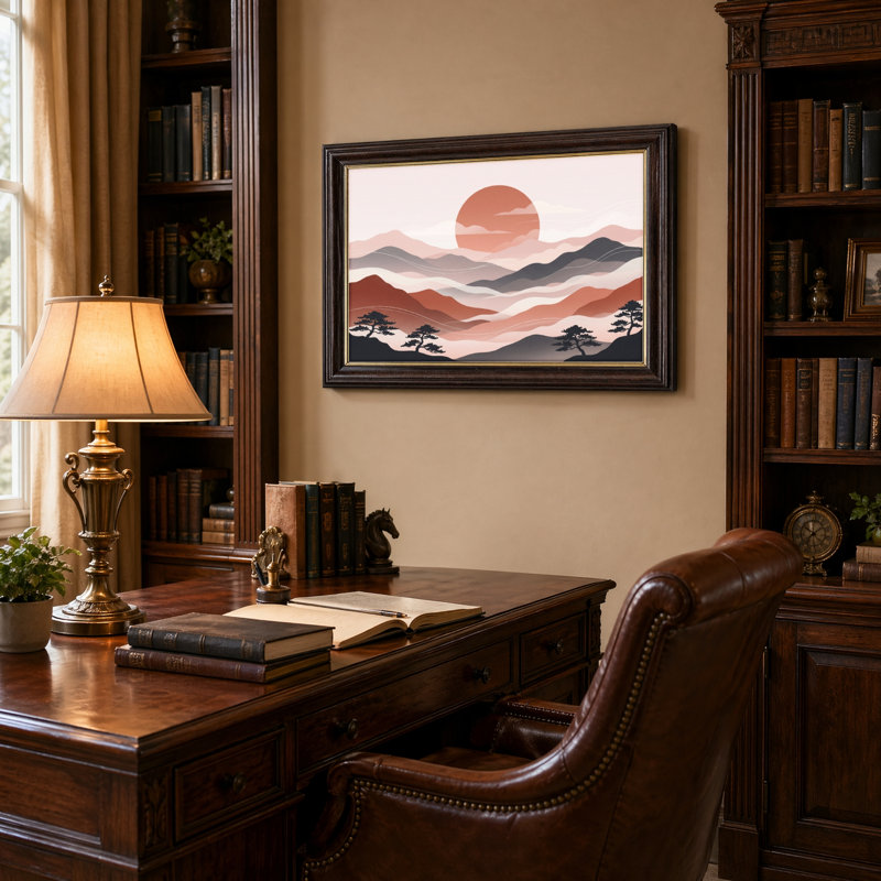 Art mural antique sur toile encadré doré pour le salon, la chambre à coucher, le bureau ou le vestibule - Décoration murale décorative avec coucher de soleil sur la montagne