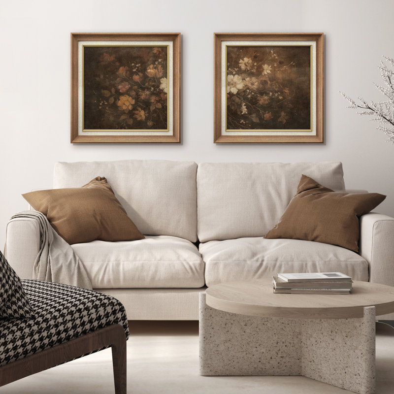 Reproduction d'art mural rétro encadré de 2 pièces, H 26 po x l 26 po, Cadre de galerie naturel