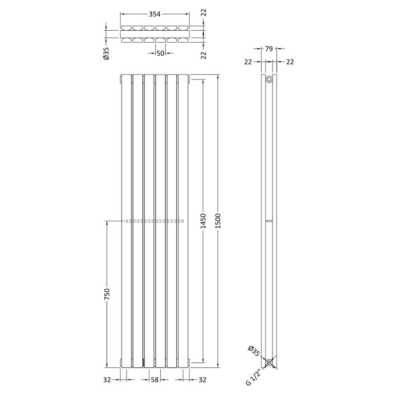 Sloane Vertical Designer Radiator, 150cm H x 35.4cm W x 7.9cm D, Grey