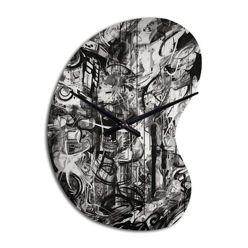 Noir et blanc Graffiti Cosmic II - horloge murale à forme géométrique unique, horloge murale asymétrique moderne, Petit