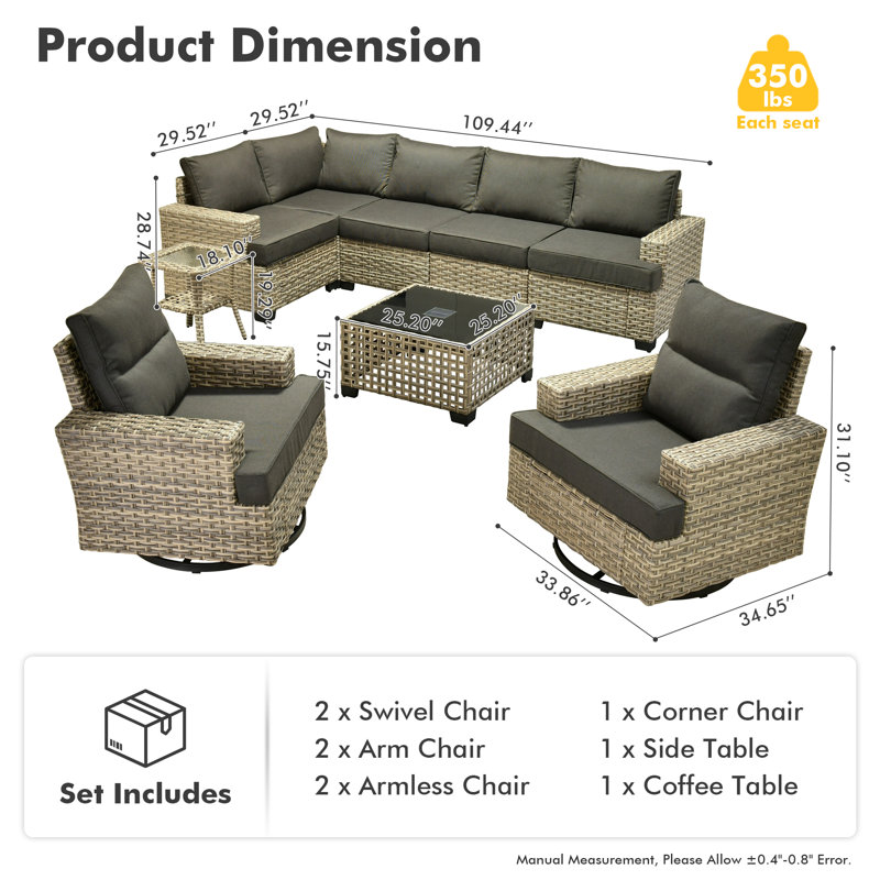 Ensemble de canapé d'extérieur 9 pièces avec table basse, coussin profond et coussin épais, Noir, noir, noir, noir