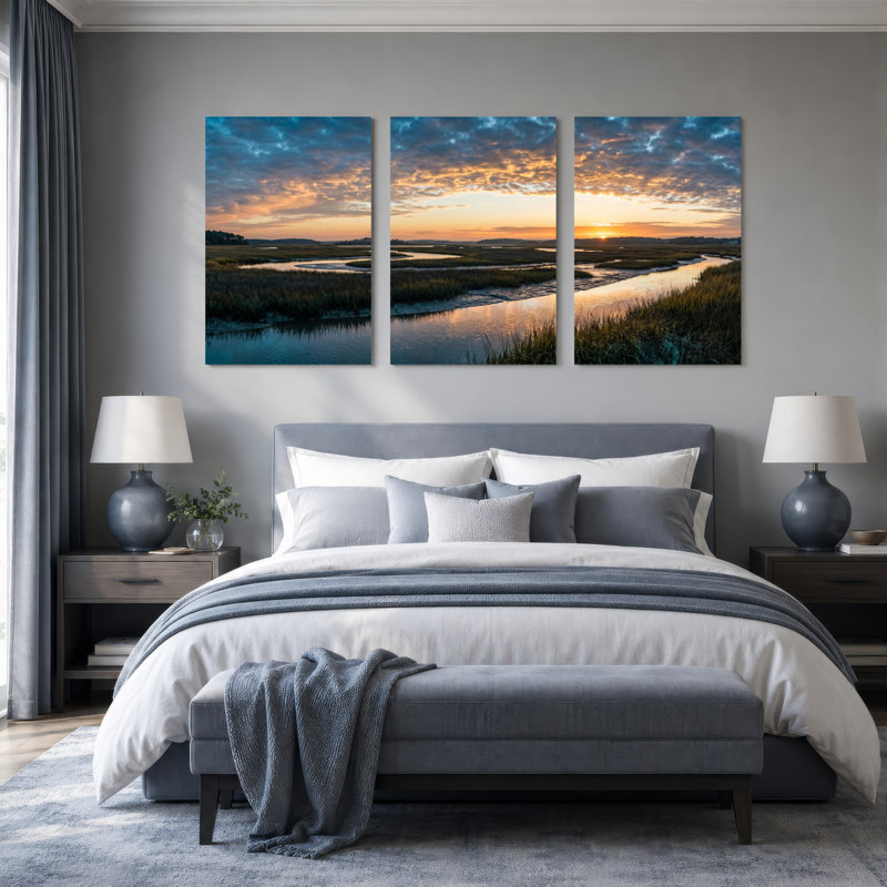 Ensemble de 3 tableaux sur toile représentant un coucher de soleil sur les marais, pour la décoration du salon, de la chambre et de la maison.